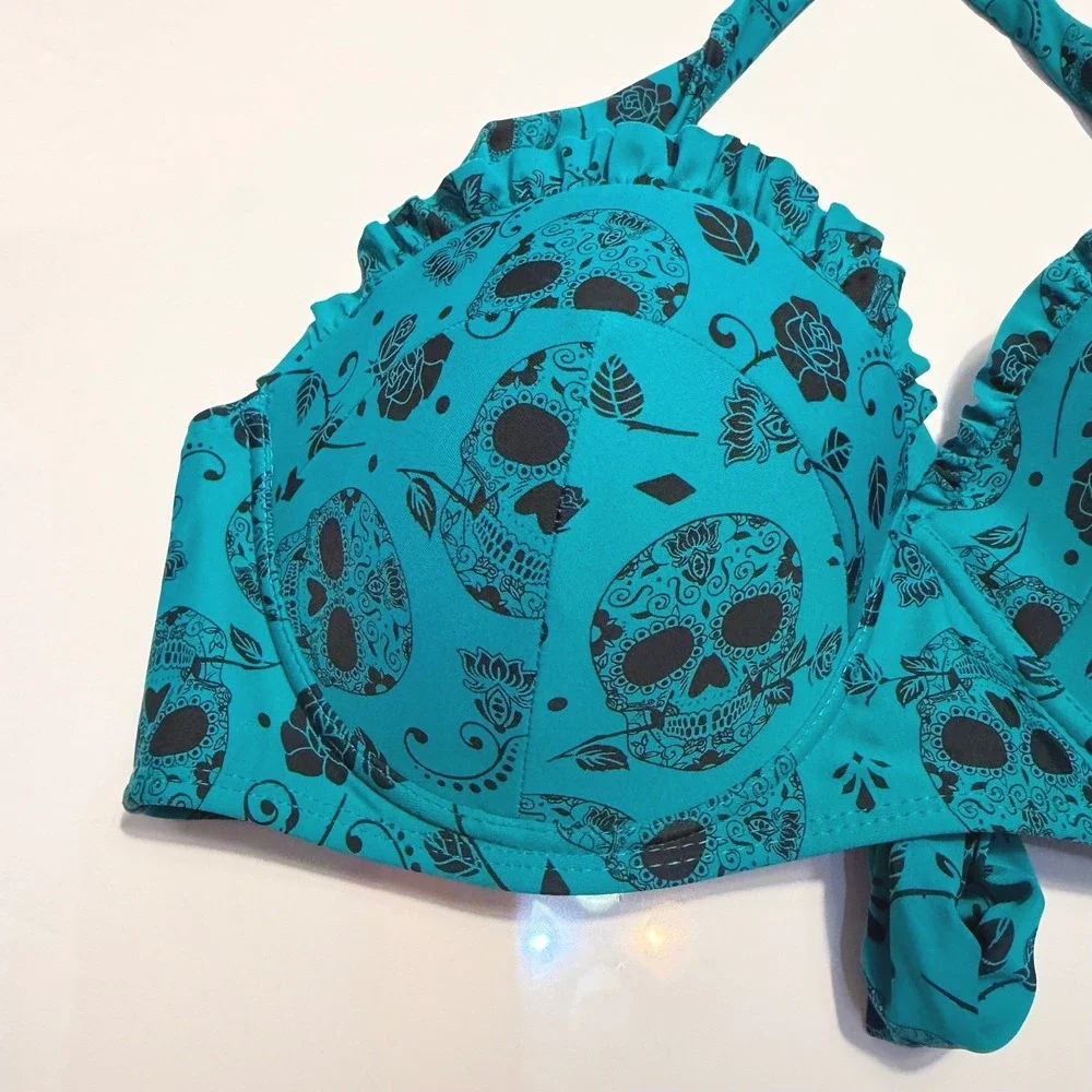 Hot Topic Midnight Hour Teal Sugar Skull Rose Halter Bikini Top Medium Underwire